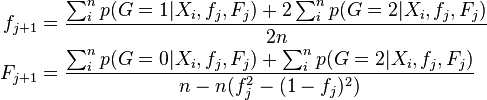 
\begin{align}
f_{j+1}&=\frac{\sum_i^n p(G=1|X_i,f_j,F_j)+2\sum_i^n p(G=2|X_i,f_j,F_j)}{2n}\\
F_{j+1}&=\frac{\sum_i^n p(G=0|X_i,f_j,F_j)+\sum_i^n p(G=2|X_i,f_j,F_j)}{n-n(f_j^2-(1-f_j)^2)}\\
\end{align}
