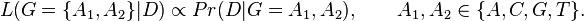 
L(G=\{A_1 ,A_2\}|D ) \propto Pr (D|G={A_1 ,A_2 } ),\qquad A_1 ,A_2 \in \{A,C,G,T\}.

